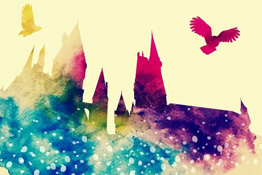 Watercolour of Hogwarts and two owls soaring above.